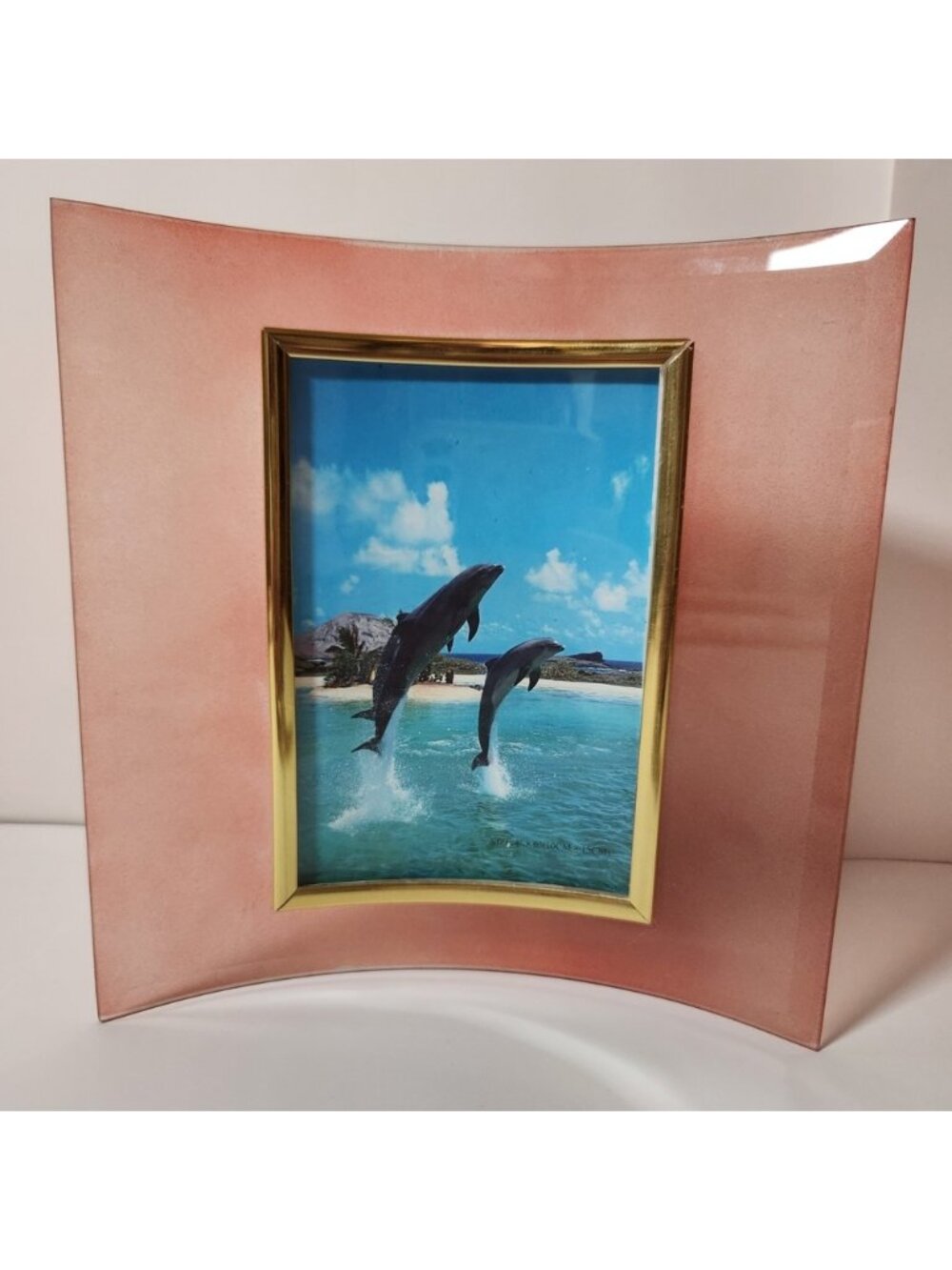 Vintage Curved Glass Picture Frame 4x6 Frosted Peach Pink Gold Trim Modern Art